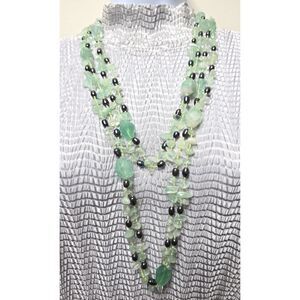 Green Aventurine Black Freshwater Pearl Necklace 58" No Clasp 2 Strand Knotted